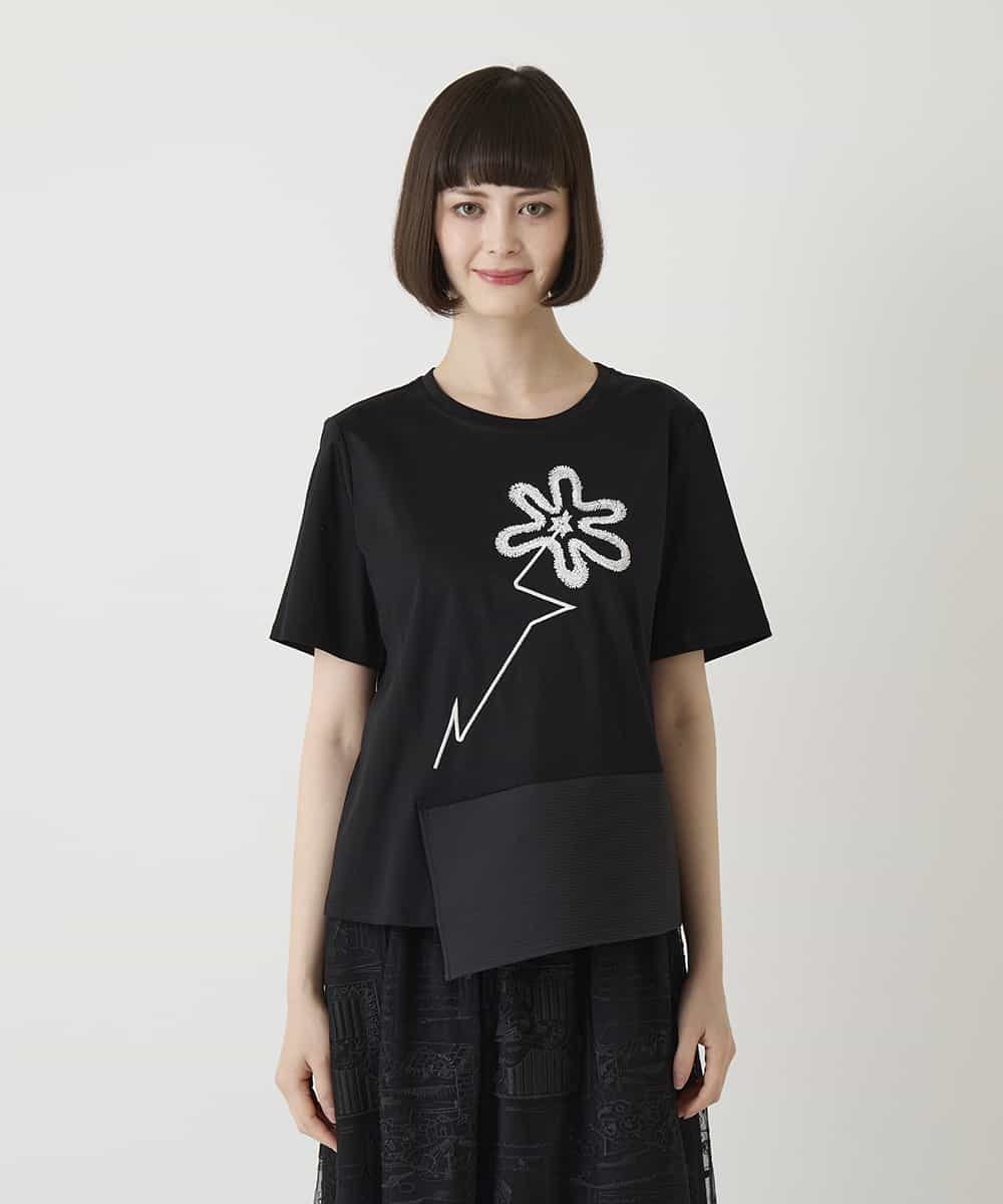 RBKIE11190 HIROKO BIS(ヒロコ ビス) 【接触冷感】異素材切り替えフラワー刺繍デザインTシャツ /洗える ブラック