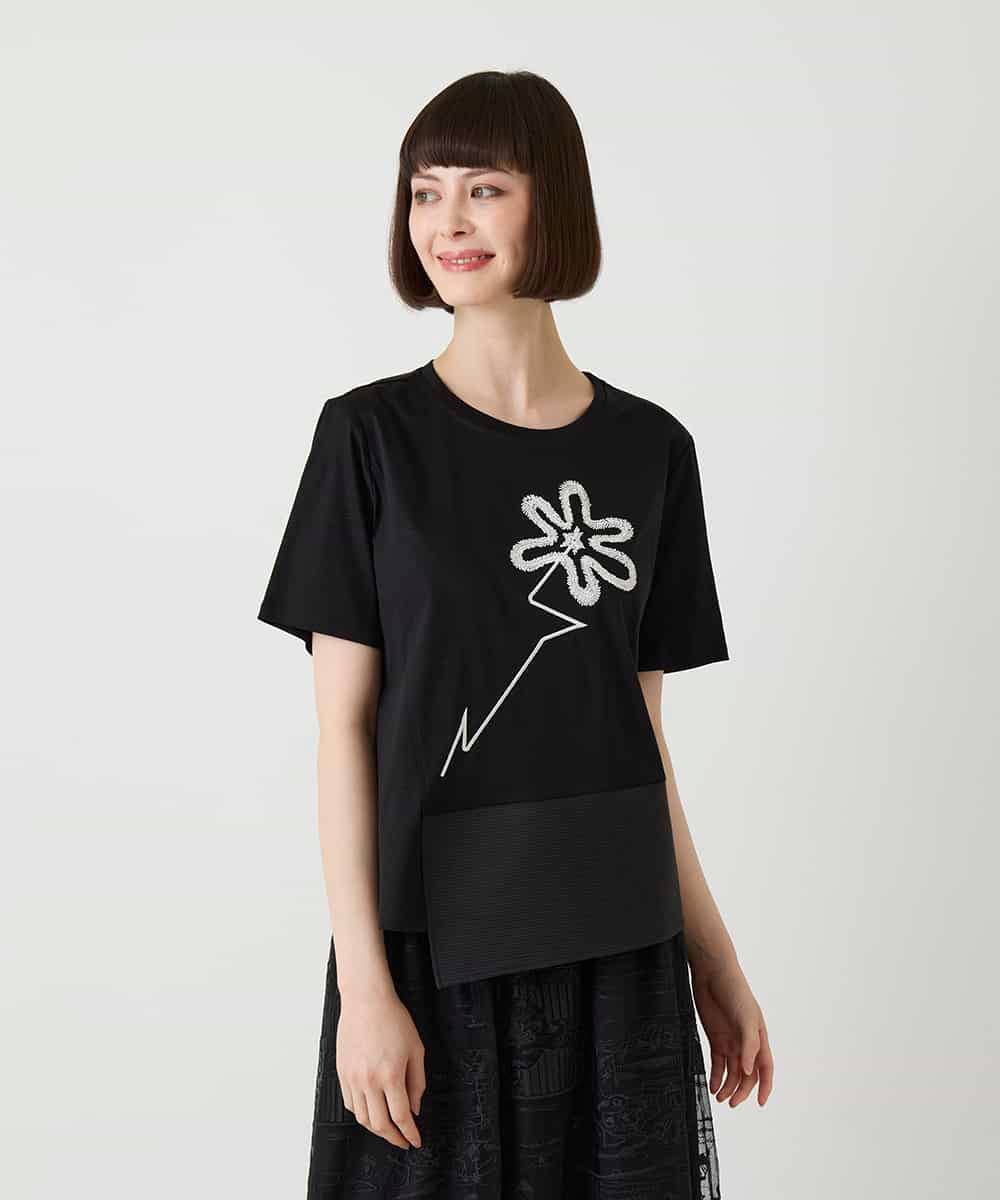 RBKIE11190 HIROKO BIS(ヒロコ ビス) 【接触冷感】異素材切り替えフラワー刺繍デザインTシャツ /洗える ブラック