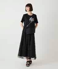 RBKIE11190 HIROKO BIS(ヒロコ ビス) 【接触冷感】異素材切り替えフラワー刺繍デザインTシャツ /洗える ブラック