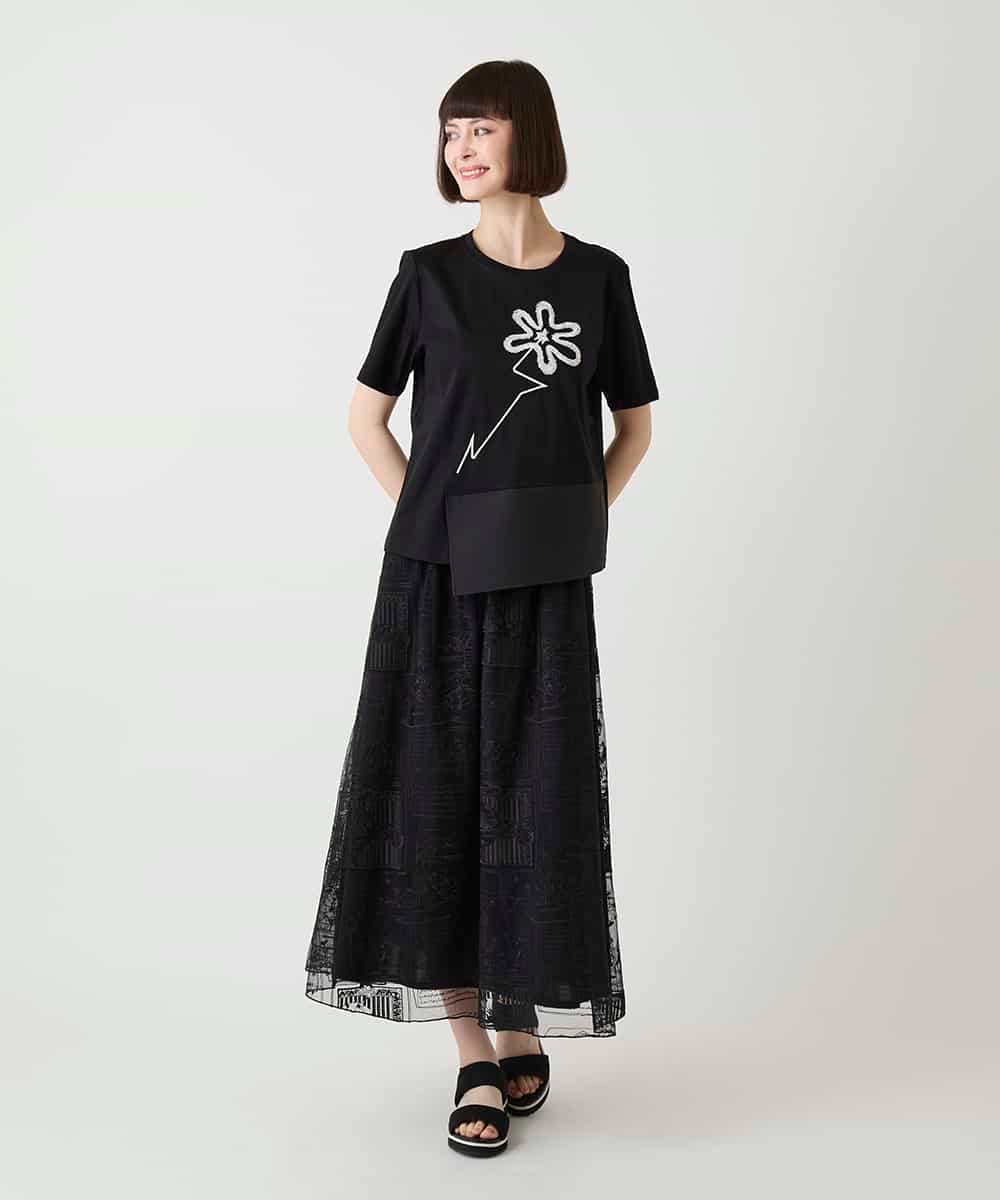 RBKIE11190 HIROKO BIS(ヒロコ ビス) 【接触冷感】異素材切り替えフラワー刺繍デザインTシャツ /洗える ブラック