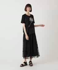 RBKIE11190 HIROKO BIS(ヒロコ ビス) 【接触冷感】異素材切り替えフラワー刺繍デザインTシャツ /洗える ブラック