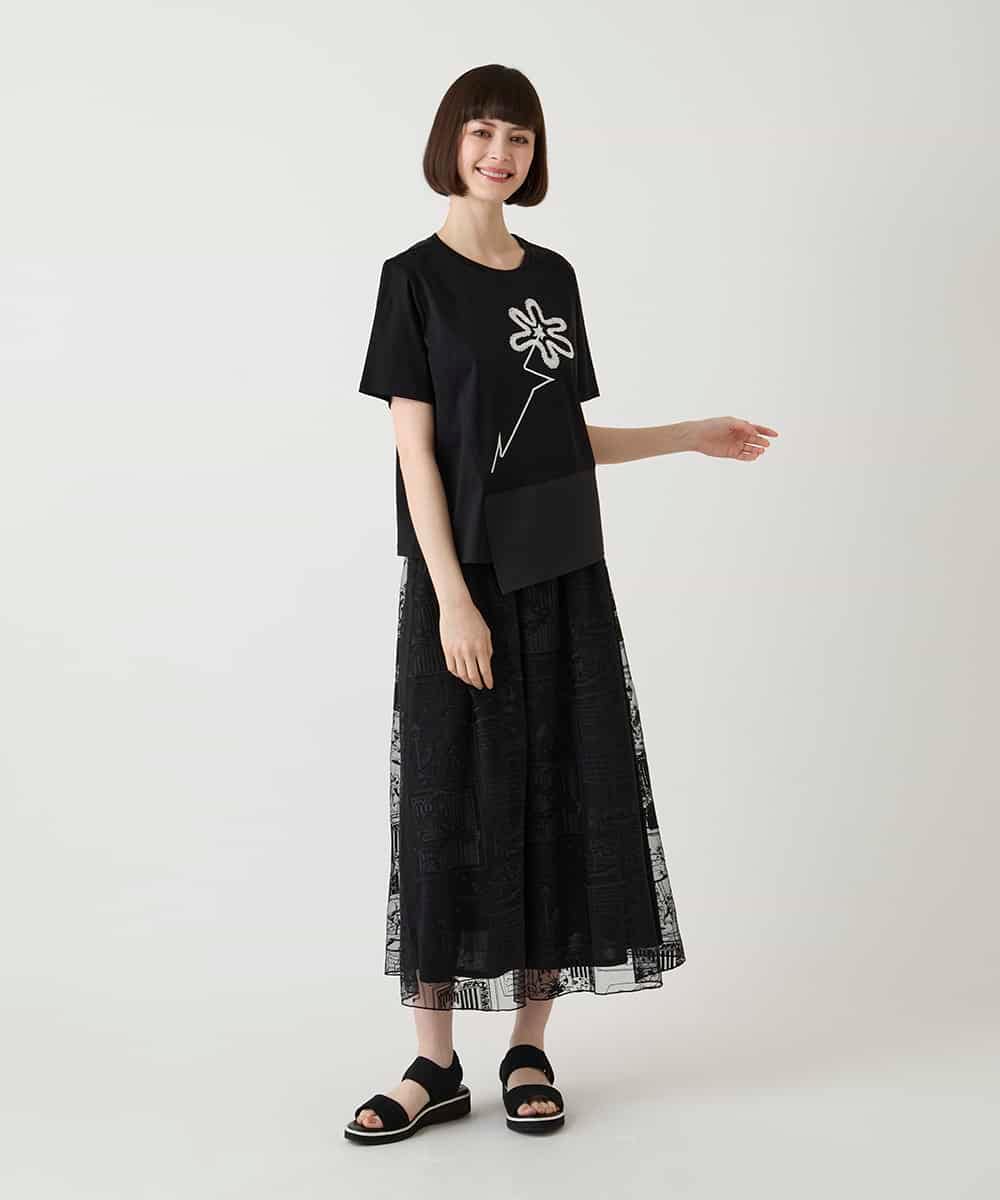 RBKIE11190 HIROKO BIS(ヒロコ ビス) 【接触冷感】異素材切り替えフラワー刺繍デザインTシャツ /洗える ブラック