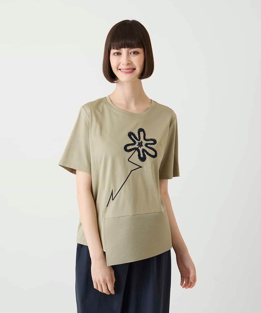 RBKIE11190 HIROKO BIS(ヒロコ ビス) 【接触冷感】異素材切り替えフラワー刺繍デザインTシャツ /洗える ブラック