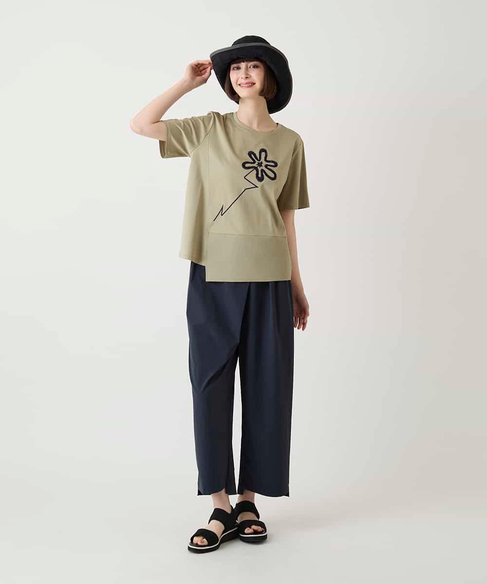 RBKIE11190 HIROKO BIS(ヒロコ ビス) 【接触冷感】異素材切り替えフラワー刺繍デザインTシャツ /洗える ブラック