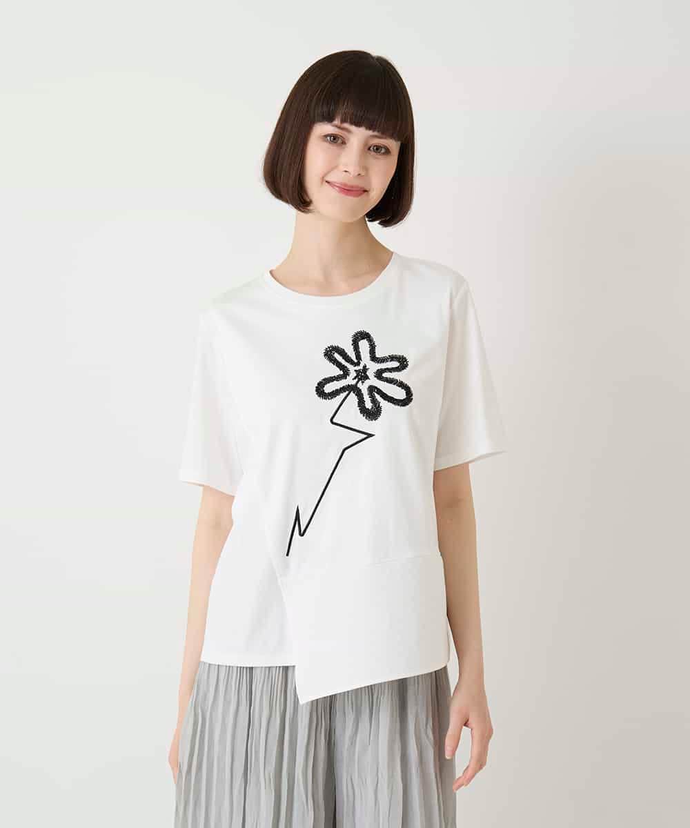 RBKIE11190 HIROKO BIS(ヒロコ ビス) 【接触冷感】異素材切り替えフラワー刺繍デザインTシャツ /洗える ブラック