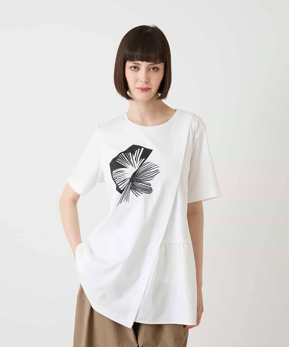 RBKIE12210 HIROKO BIS(ヒロコ ビス) 【接触冷感】刺繍モチーフアシンメトリーチュニックTシャツ /洗える ホワイト