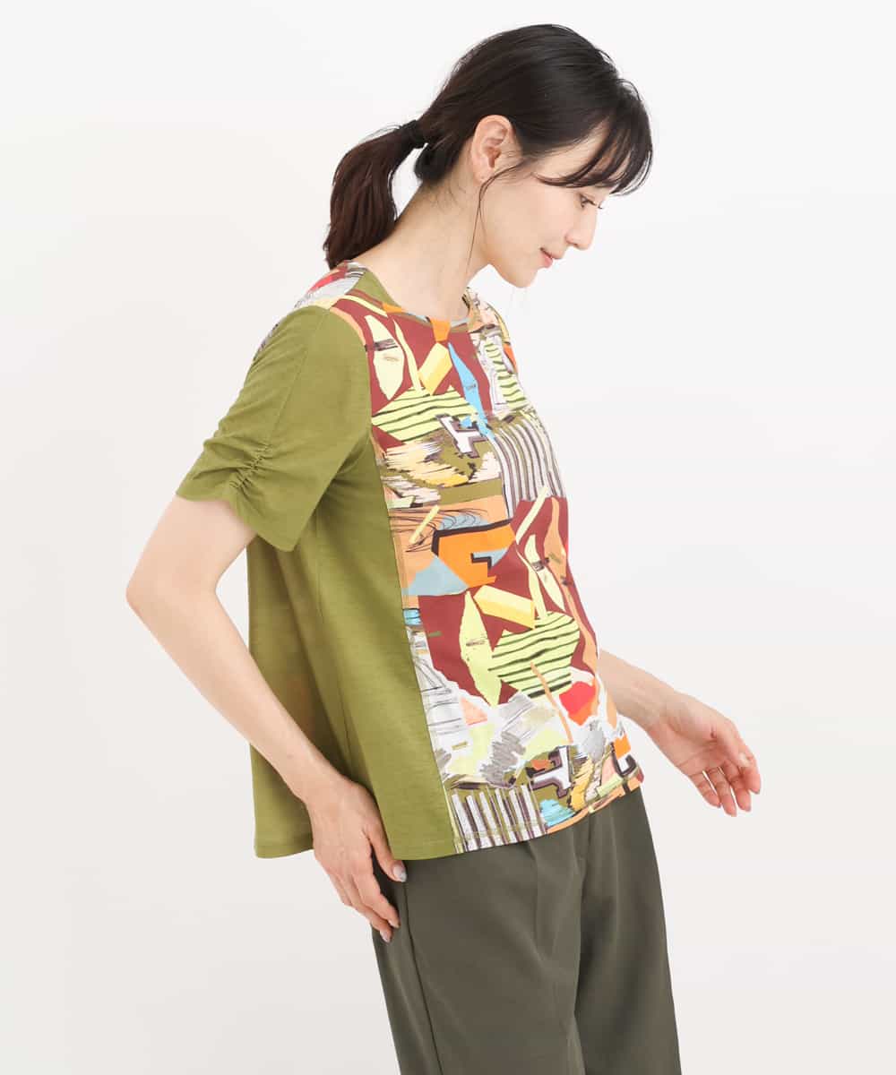 RBKIT03180 HIROKO BIS(ヒロコ ビス) 【洗える】切り替えデザインアートプリントTシャツ カーキ