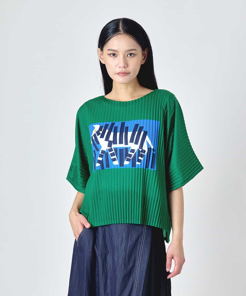 RBKJD05240 HIROKO BIS(ヒロコ ビス) シマウマプリントプリーツデザインTシャツ グリーン