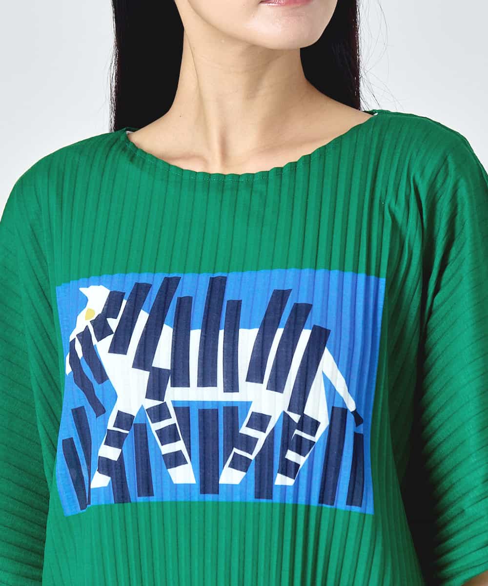 RBKJD05240 HIROKO BIS(ヒロコ ビス) シマウマプリントプリーツデザインTシャツ グリーン