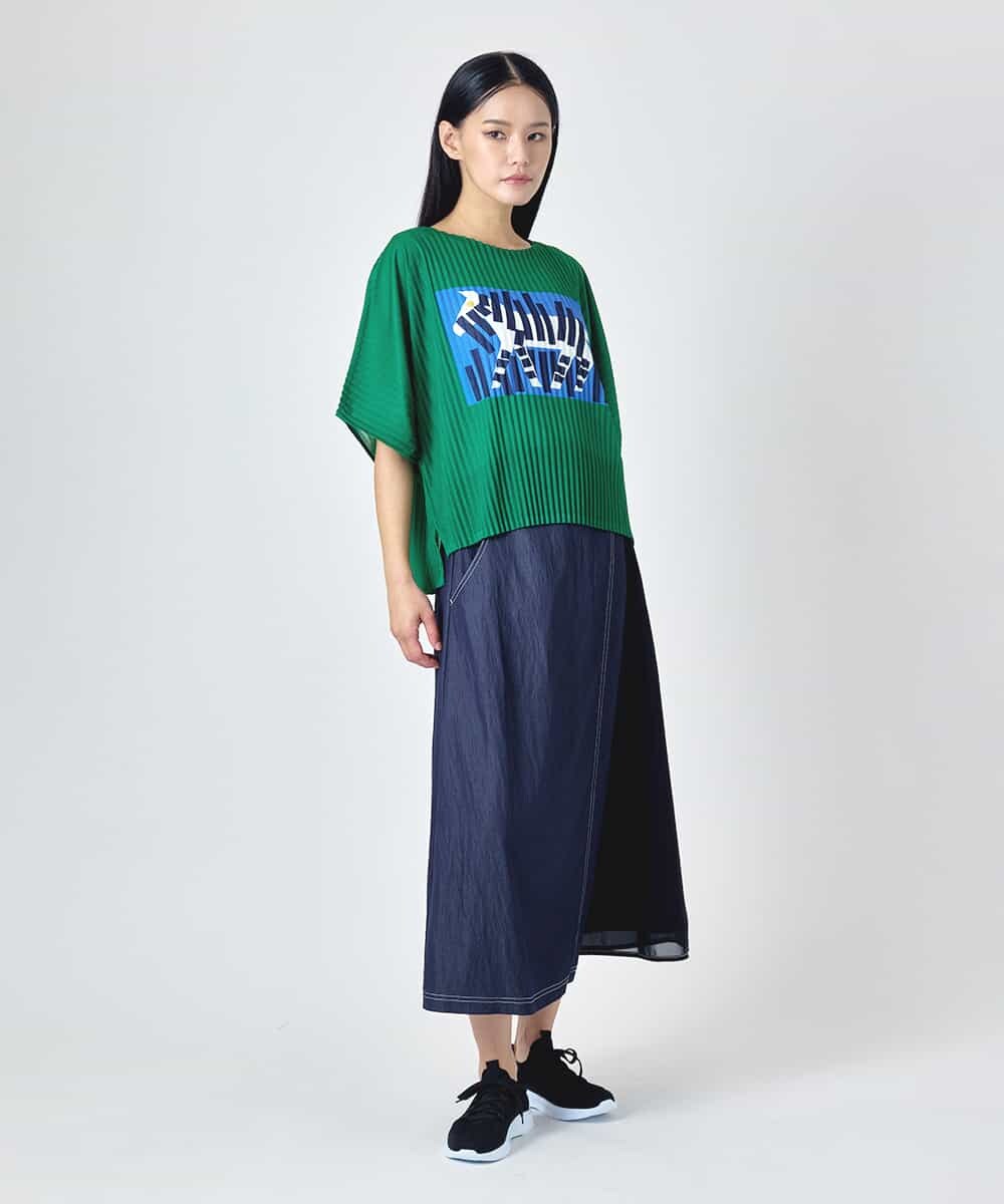 RBKJD05240 HIROKO BIS(ヒロコ ビス) シマウマプリントプリーツデザインTシャツ グリーン