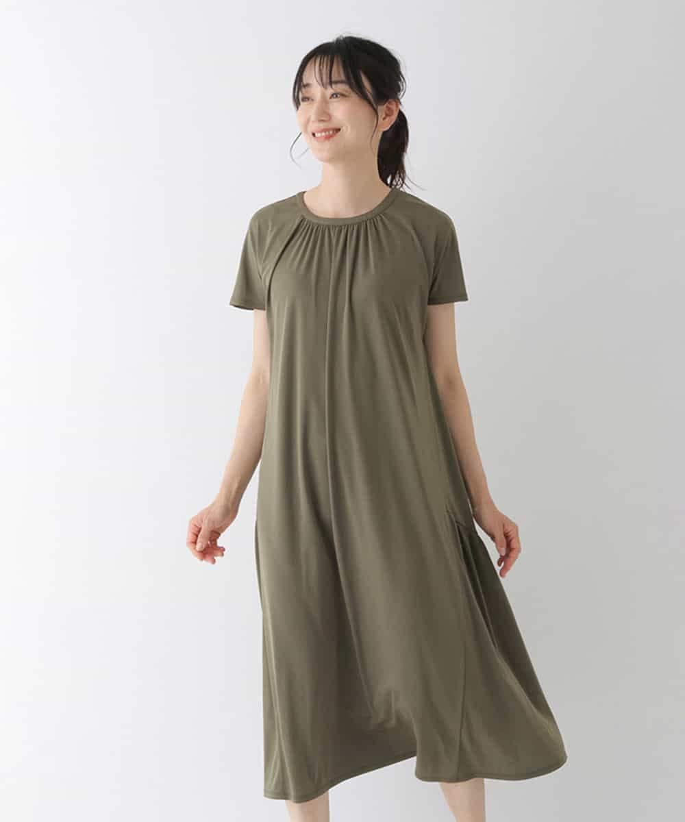 RBPGT31340 HIROKO BIS(ヒロコ ビス) 【洗濯機で洗える】ギャザーアクセントジャージーワンピース カーキ