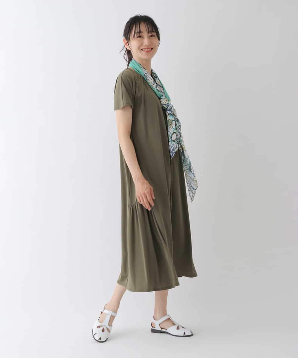 RBPGT31340 HIROKO BIS(ヒロコ ビス) 【洗濯機で洗える】ギャザーアクセントジャージーワンピース カーキ