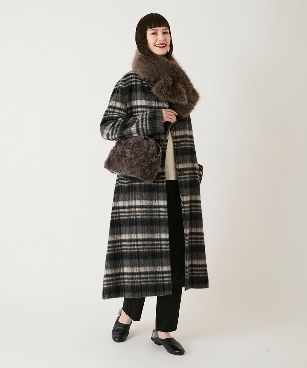 RBUAE01690 HIROKO BIS(ヒロコ ビス) ウールシャギーチェック柄コート ブラック