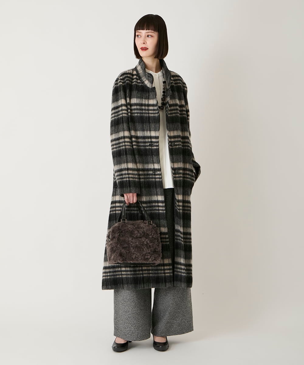 RBUAE01690 HIROKO BIS(ヒロコ ビス) ウールシャギーチェック柄コート ブラック