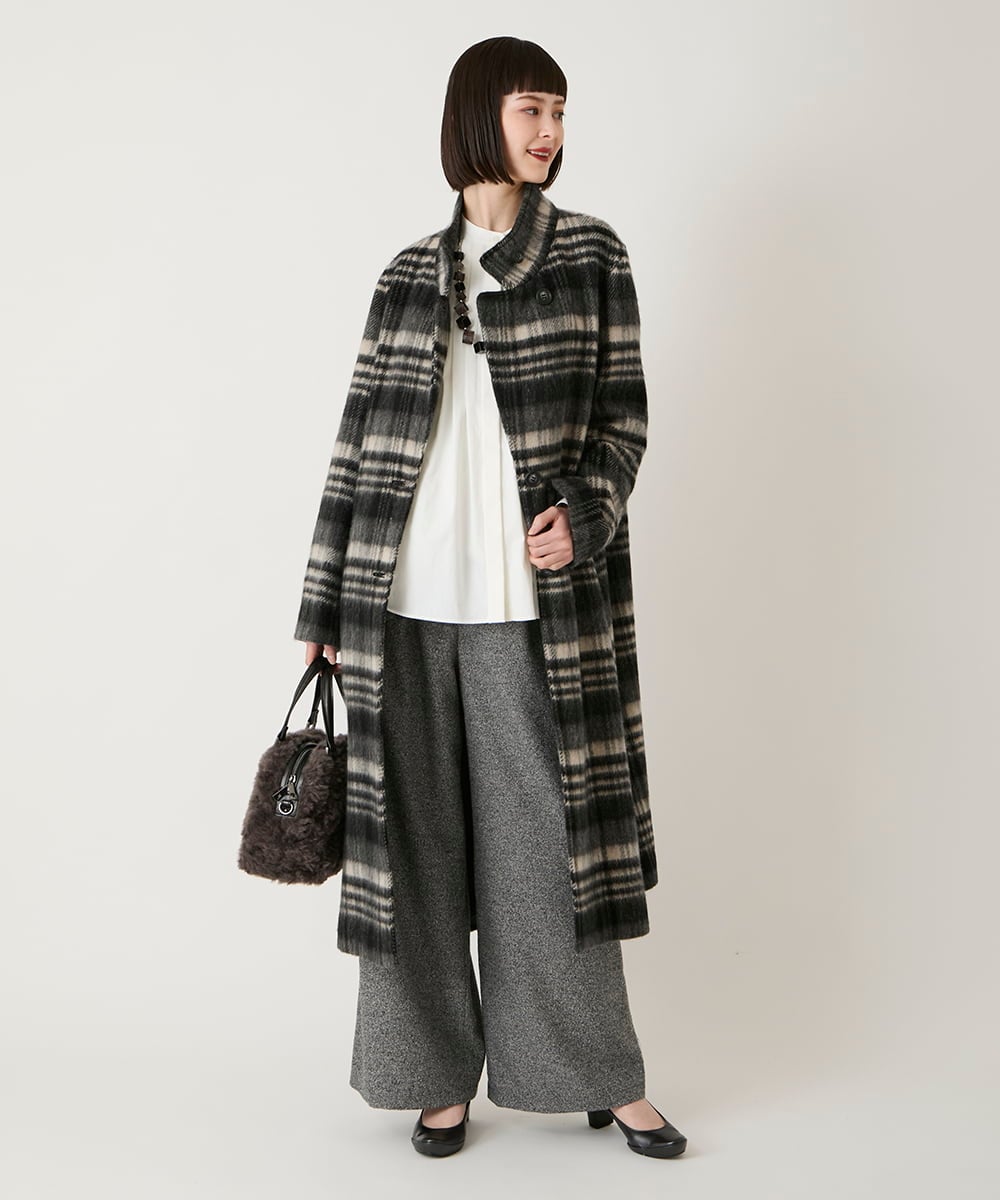 RBUAE01690 HIROKO BIS(ヒロコ ビス) ウールシャギーチェック柄コート ブラック