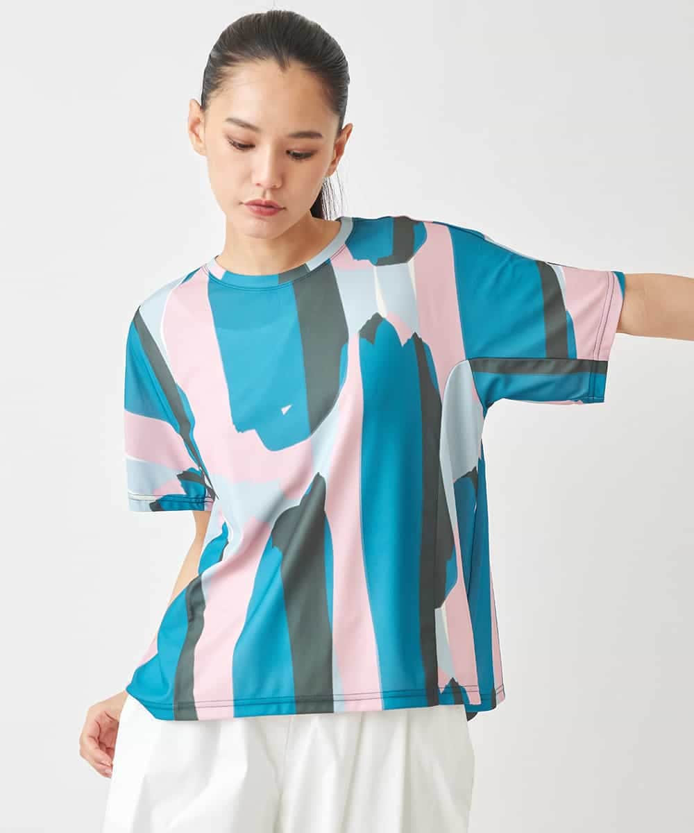 RCKGV06250 HIROKO BIS GRANDE(ヒロコ ビス グランデ) 【大きいサイズ】アーティープリントドルマンスリーブTシャツ /洗える グリーン