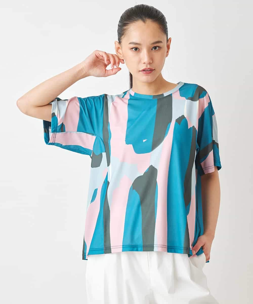 RCKGV06250 HIROKO BIS GRANDE(ヒロコ ビス グランデ) 【大きいサイズ】アーティープリントドルマンスリーブTシャツ /洗える グリーン