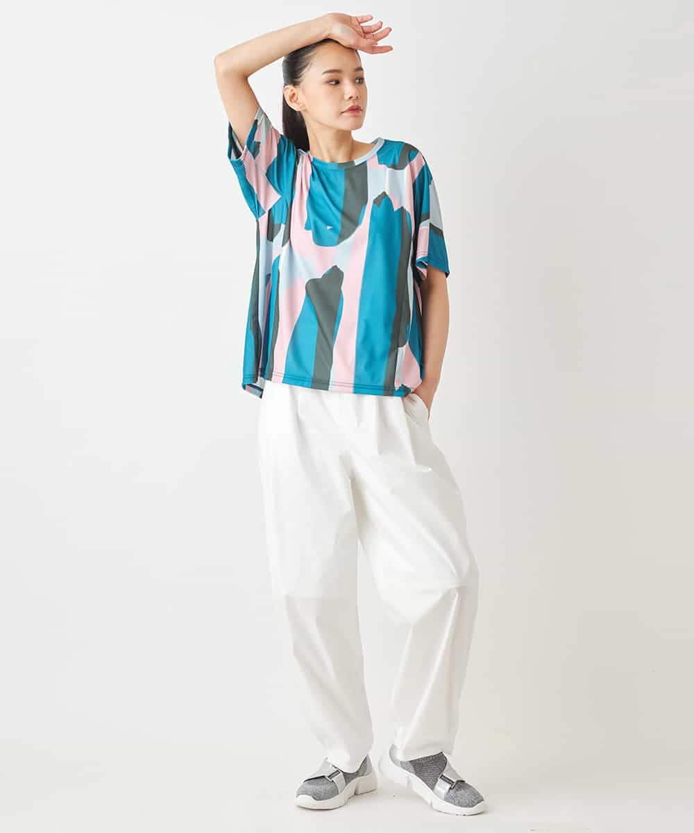 RCKGV06250 HIROKO BIS GRANDE(ヒロコ ビス グランデ) 【大きいサイズ】アーティープリントドルマンスリーブTシャツ /洗える グリーン