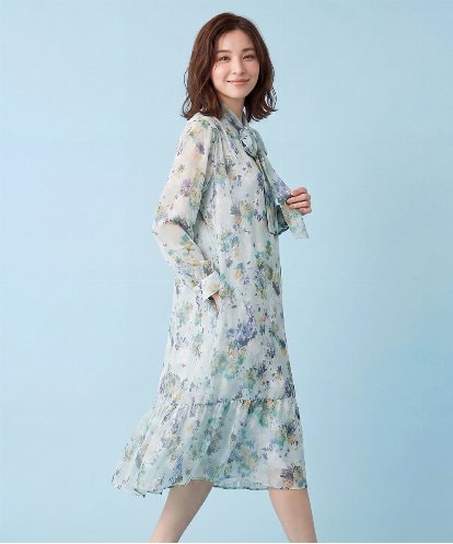 REEDA72430 HIROKO BIS 【ボウタイ付き】フラワープリントエアリーワンピース