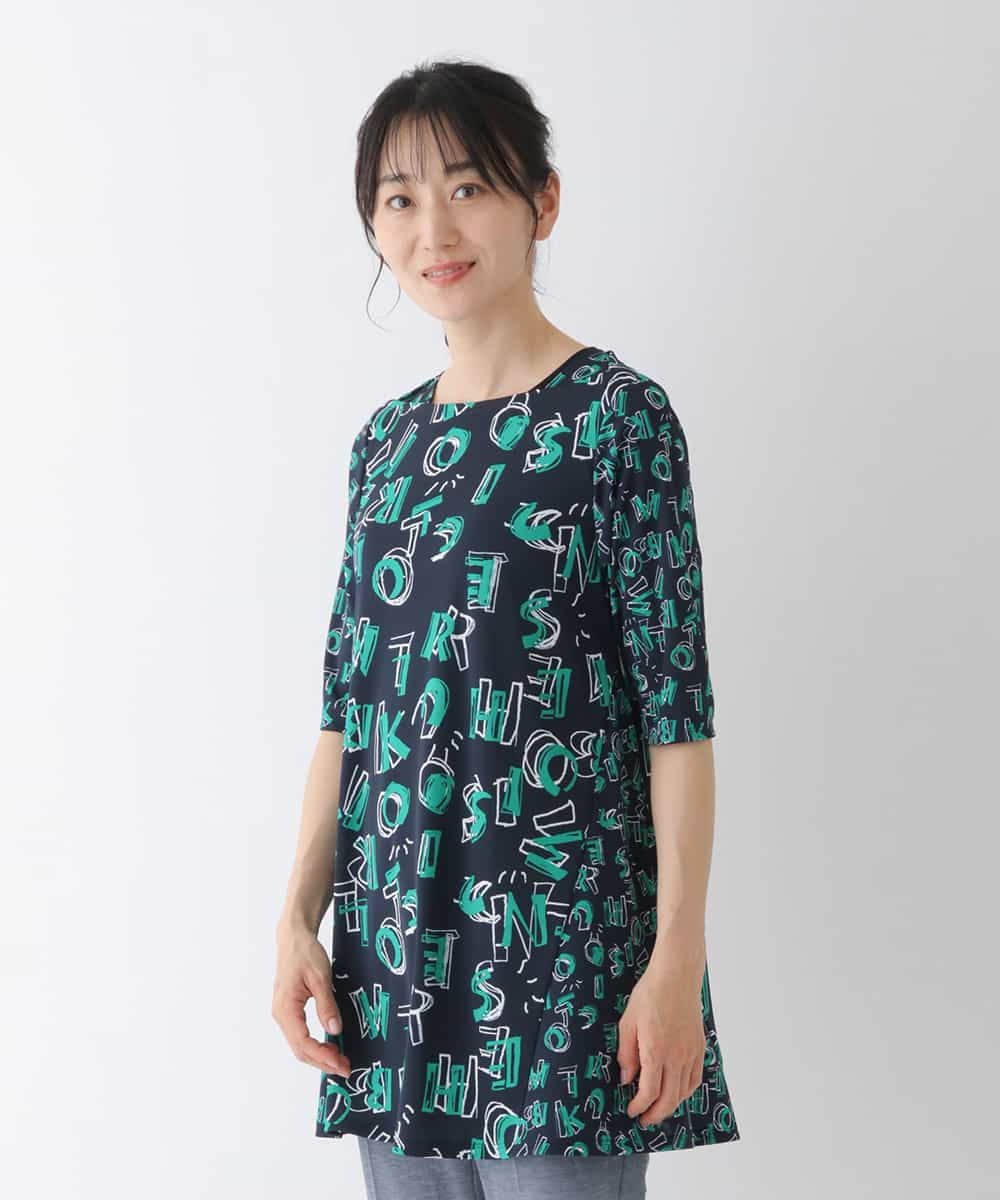 REKGT81230 HIROKO BIS(ヒロコ ビス) 【洗濯機で洗える】ロゴプリントチュニックカットソー ネイビー