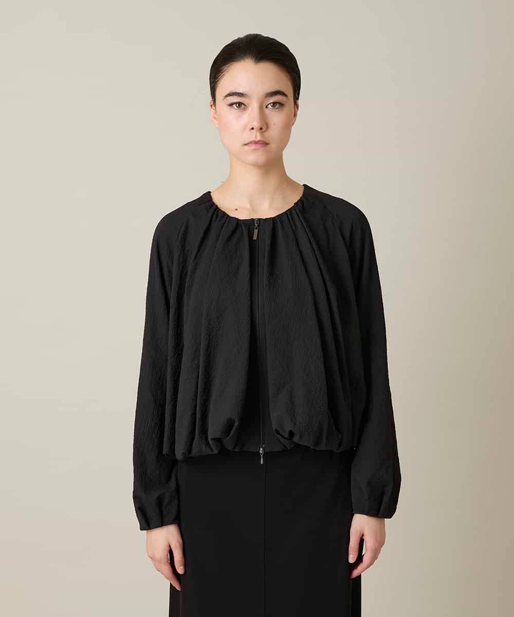 RHBFD05590 HIROKO KOSHINO(ヒロココシノ) タックギャザーノーカラーブルゾン /日本製 ブラック