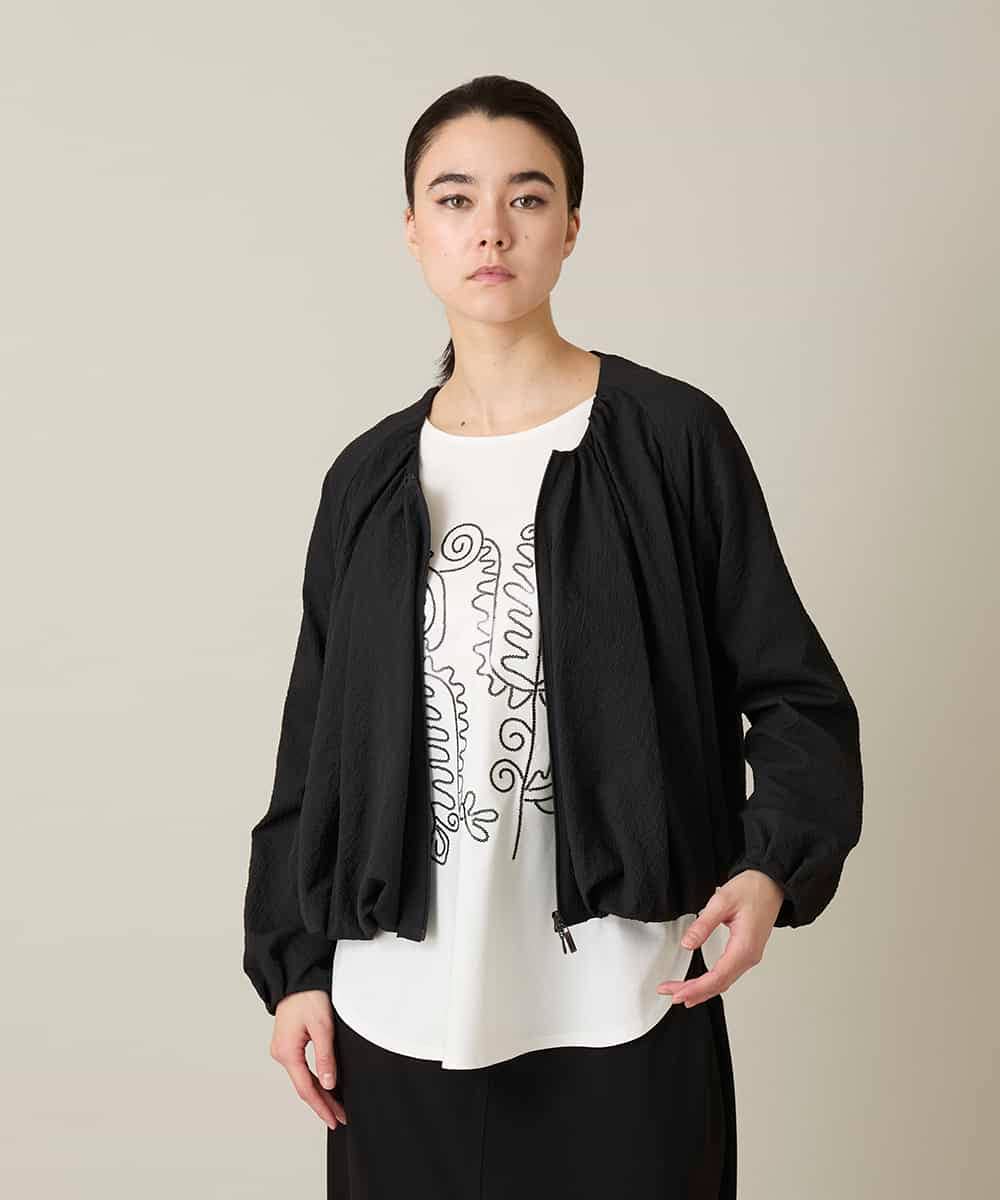 RHBFD05590 HIROKO KOSHINO(ヒロココシノ) タックギャザーノーカラーブルゾン /日本製 ブラック