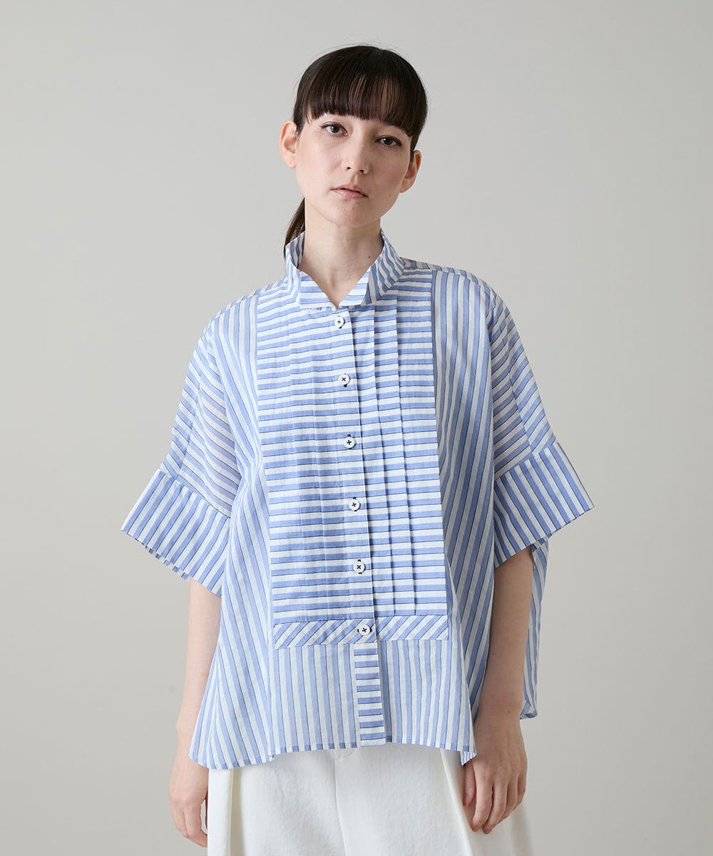 RHBGE23590 HIROKO KOSHINO(ヒロココシノ) ボーダーパターンパネル切り替えブラウス ライトブルー