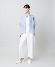 RHBGE23590 HIROKO KOSHINO(ヒロココシノ) ボーダーパターンパネル切り替えブラウス ライトブルー