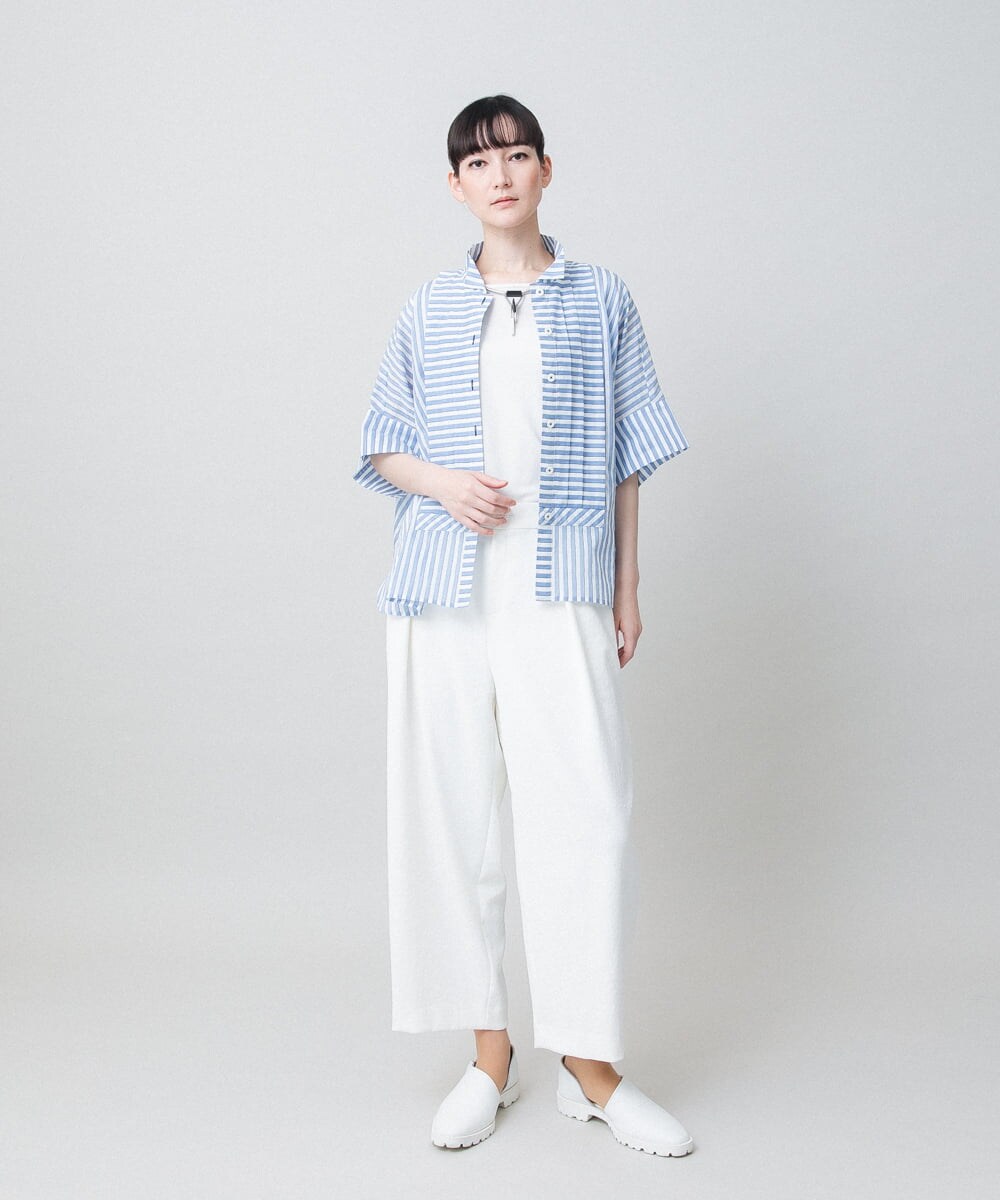RHBGE23590 HIROKO KOSHINO(ヒロココシノ) ボーダーパターンパネル切り替えブラウス ライトブルー