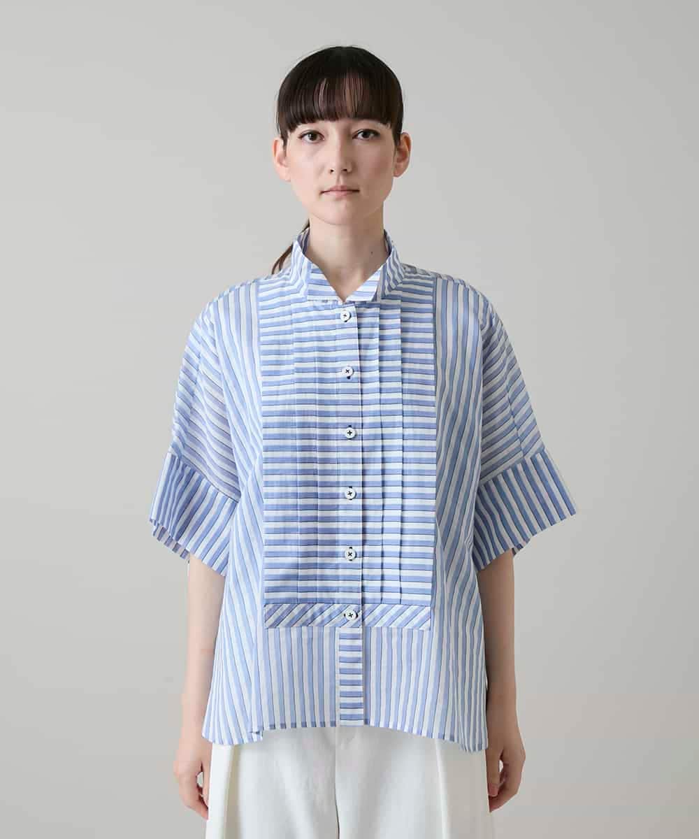 RHBGE23590 HIROKO KOSHINO(ヒロココシノ) ボーダーパターンパネル切り替えブラウス ライトブルー