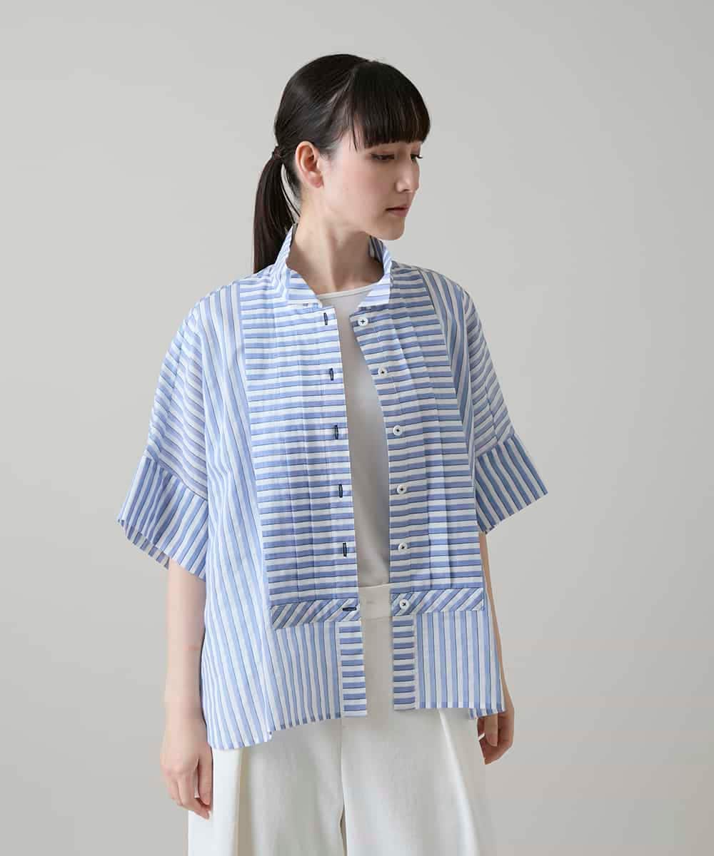 RHBGE23590 HIROKO KOSHINO(ヒロココシノ) ボーダーパターンパネル切り替えブラウス ライトブルー