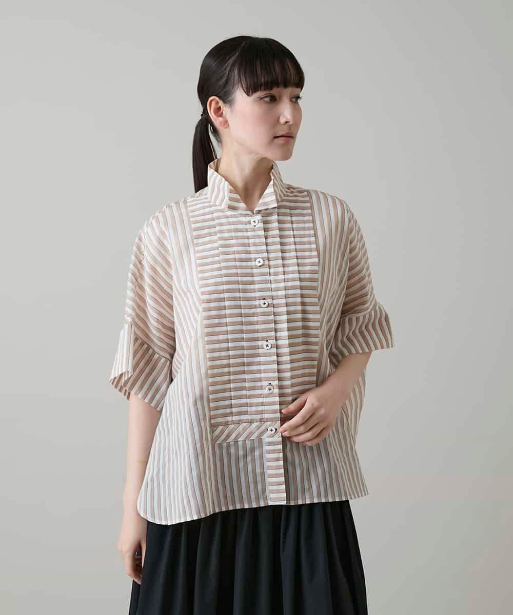 RHBGE23590 HIROKO KOSHINO(ヒロココシノ) ボーダーパターンパネル切り替えブラウス ベージュ