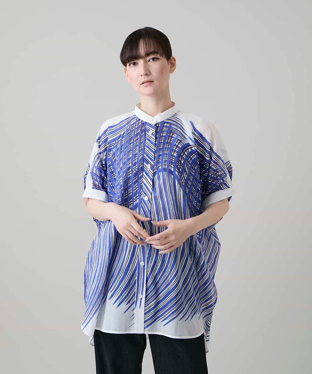RHBHE02690 HIROKO KOSHINO(ヒロココシノ) ウェーブストライプコットンブラウス /日本製/洗える ブルー