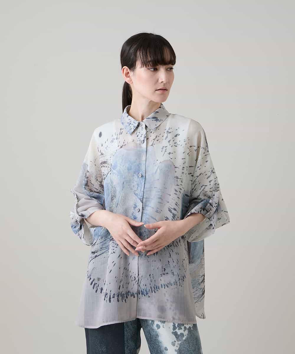 RHBHE06690 HIROKO KOSHINO(ヒロココシノ) 墨絵プリントデザインシャツ /日本製/洗える ホワイト