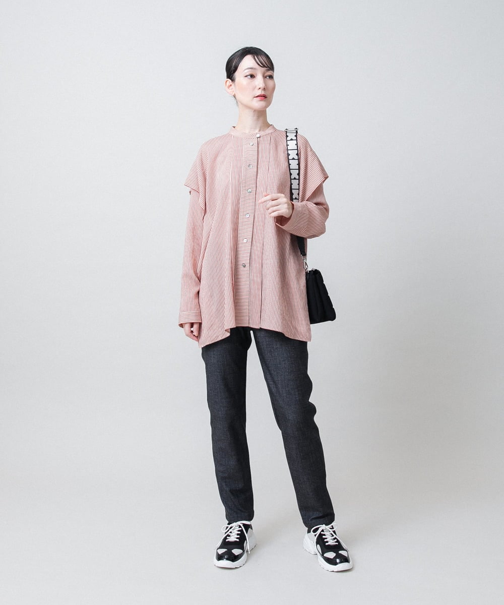 RHBJE25540 HIROKO KOSHINO(ヒロココシノ) ワッシャーストライプ切り替えタックシャツ/洗える オレンジ