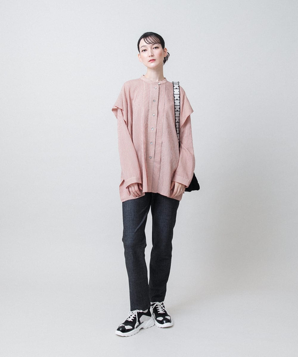 RHBJE25540 HIROKO KOSHINO(ヒロココシノ) ワッシャーストライプ切り替えタックシャツ/洗える オレンジ