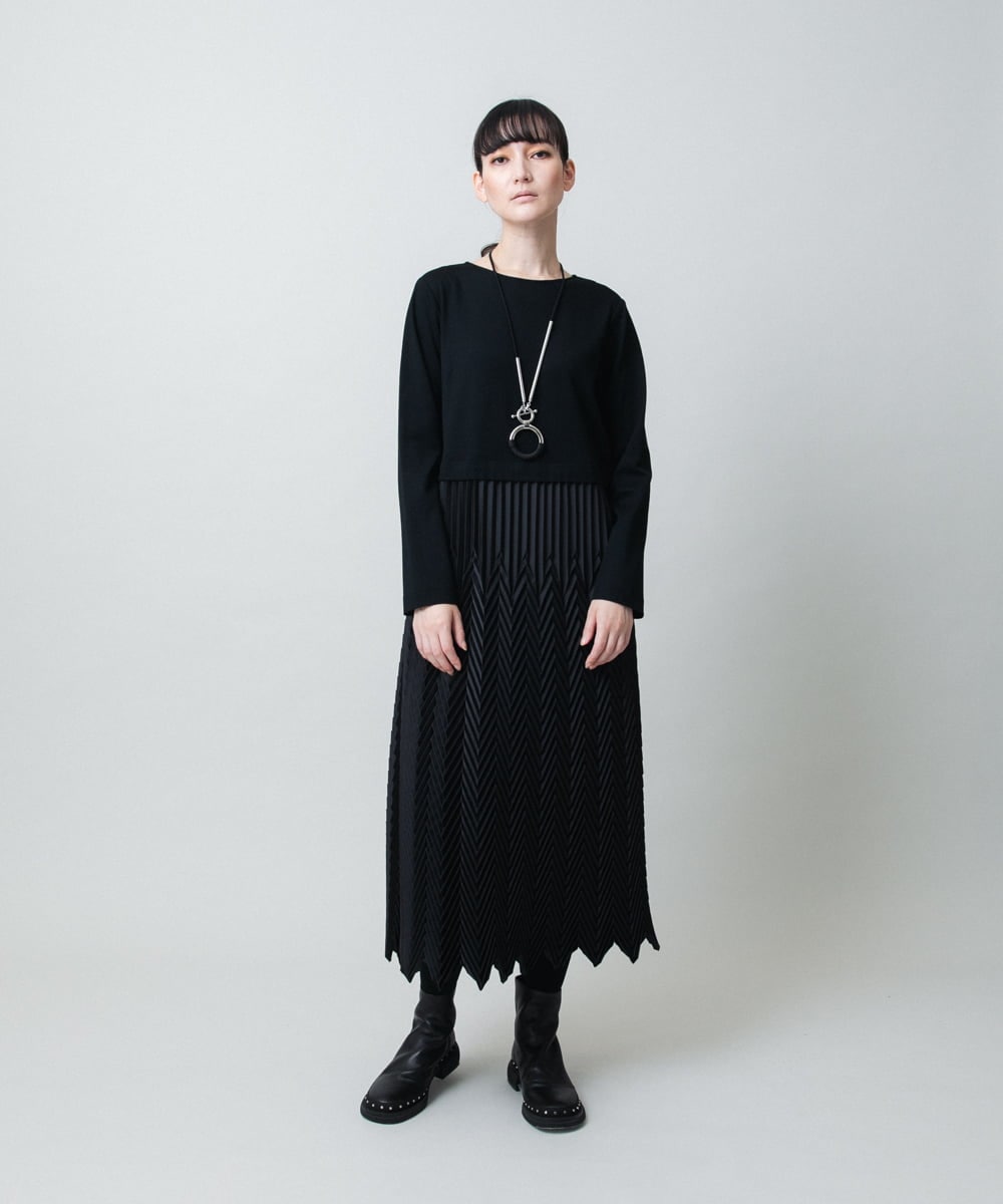 RHEAF18890 HIROKO KOSHINO(ヒロココシノ) サテンプリーツ切り替えデザインワンピース/洗える ブラック