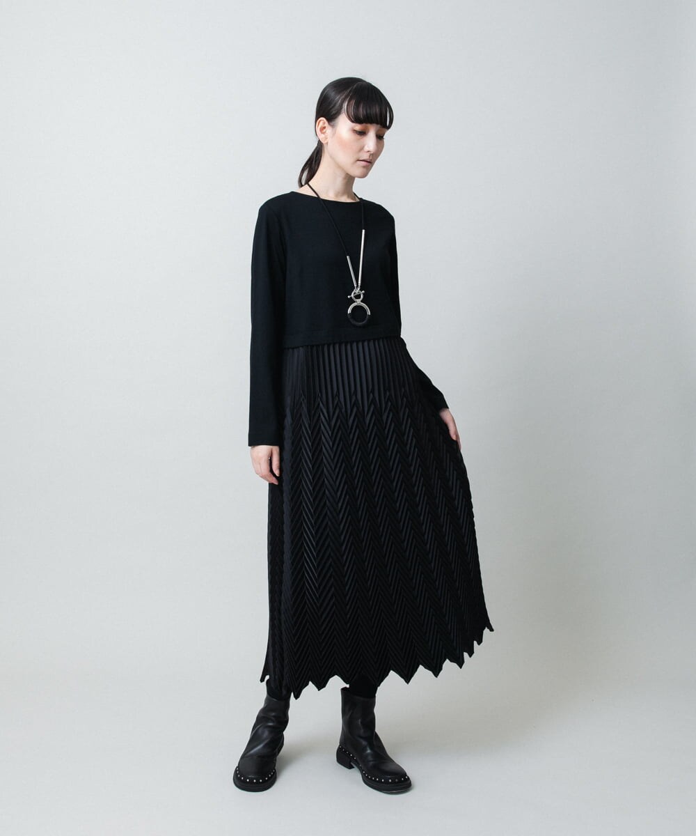 RHEAF18890 HIROKO KOSHINO(ヒロココシノ) サテンプリーツ切り替えデザインワンピース/洗える ブラック