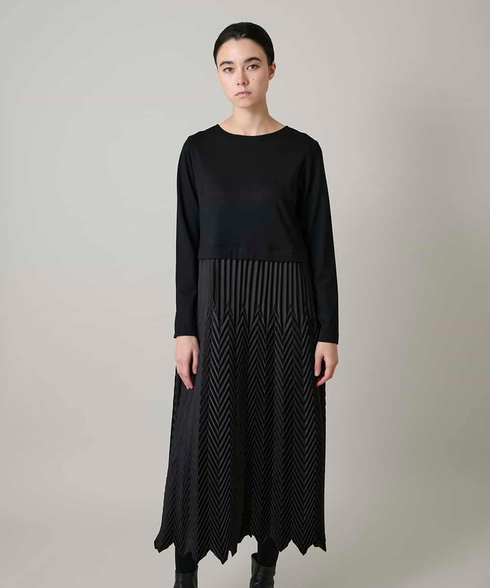 RHEAF18890 HIROKO KOSHINO(ヒロココシノ) サテンプリーツ切り替えデザインワンピース/洗える ブラック