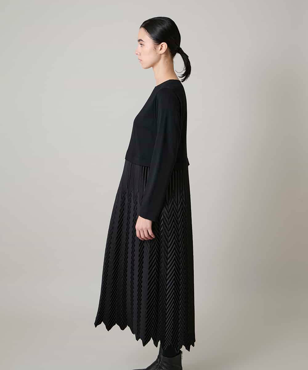 RHEAF18890 HIROKO KOSHINO(ヒロココシノ) サテンプリーツ切り替えデザインワンピース/洗える ブラック