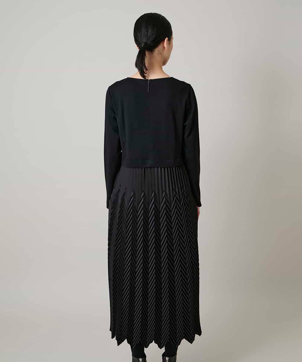 RHEAF18890 HIROKO KOSHINO(ヒロココシノ) サテンプリーツ切り替えデザインワンピース/洗える ブラック