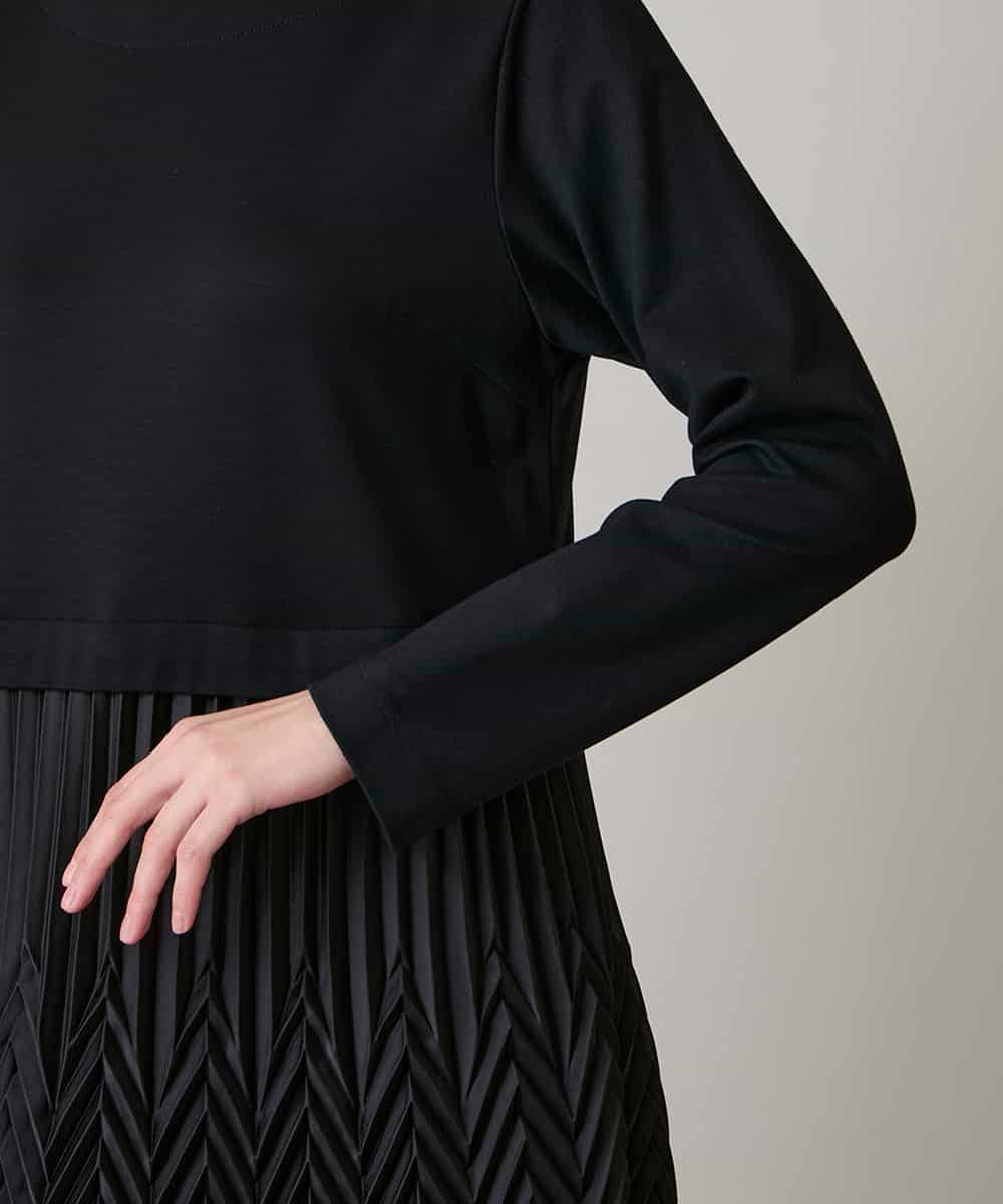 RHEAF18890 HIROKO KOSHINO(ヒロココシノ) サテンプリーツ切り替えデザインワンピース/洗える ブラック