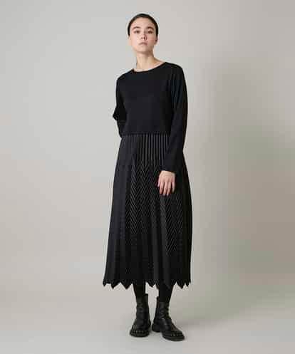 RHEAF18890 HIROKO KOSHINO サテンプリーツ切り替えデザインワンピース/洗える