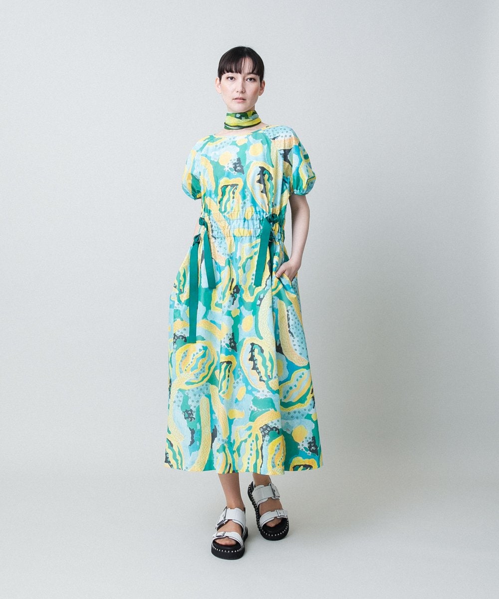 RHEHB05980 HIROKO KOSHINO(ヒロココシノ) アーティスティックプリントワンピース /日本製 イエロー