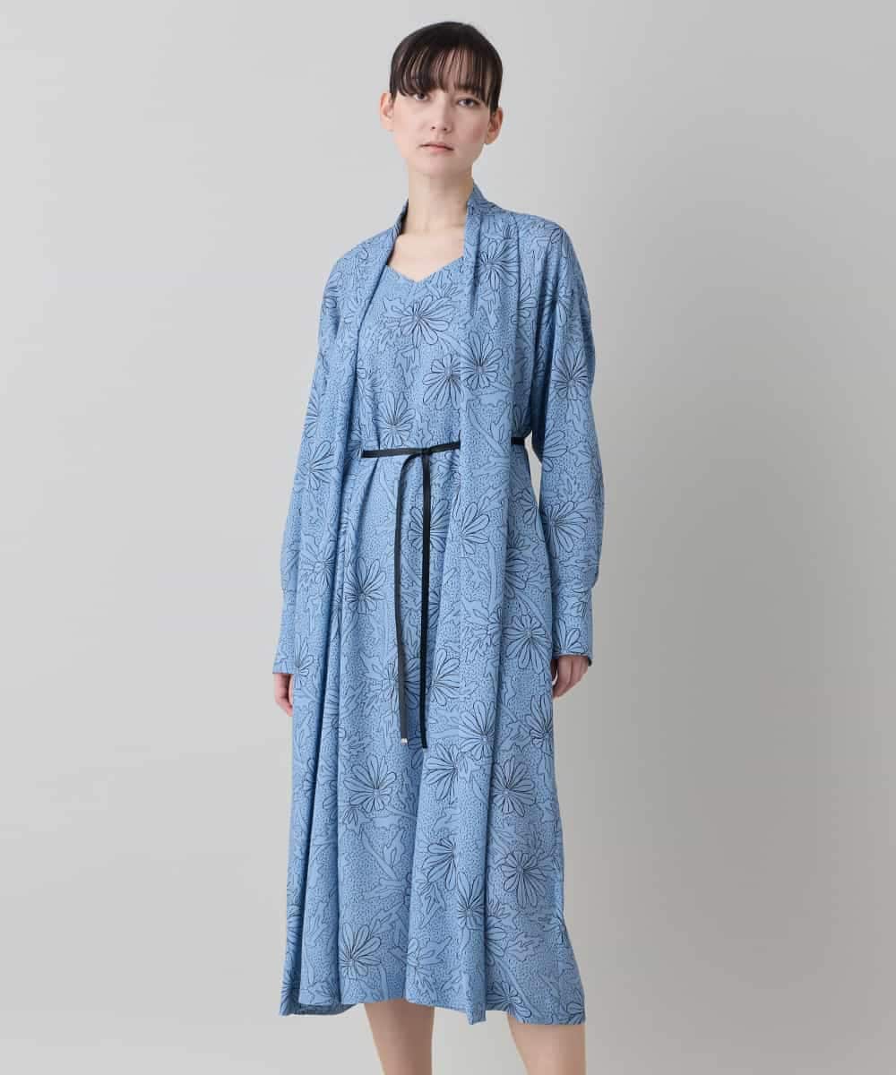 RHEXD59120 HIROKO KOSHINO(ヒロココシノ) ラインフラワードレープワンピース /日本製/洗える ライトブルー