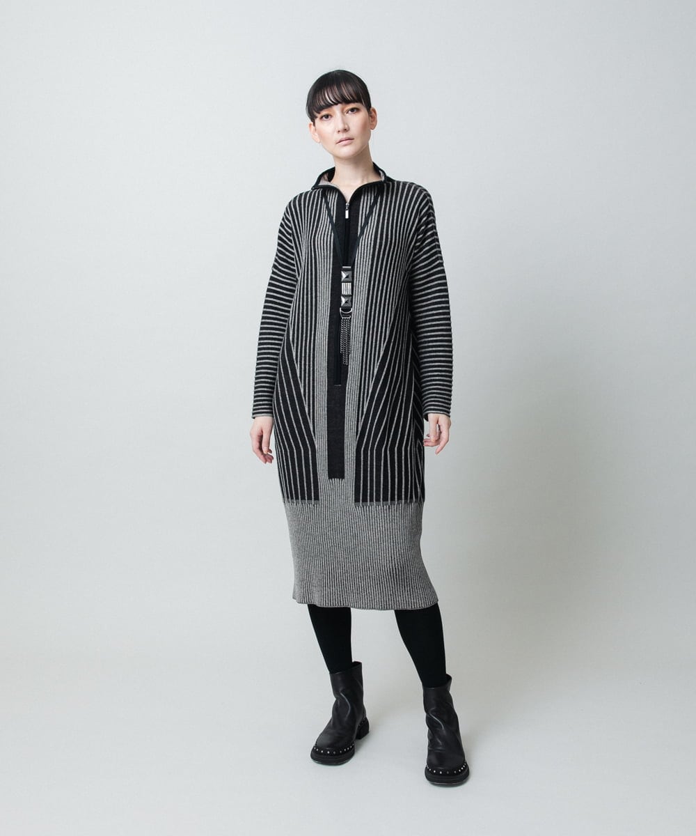 RHFAE10890 HIROKO KOSHINO(ヒロココシノ) 立体ストライプデザインニットワンピース /日本製 ブラック