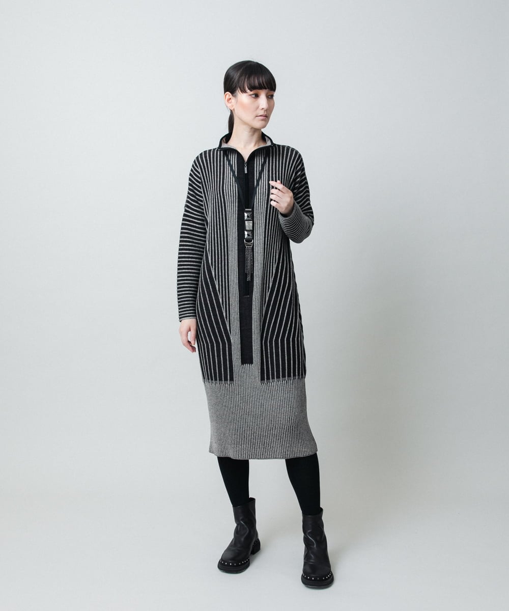 RHFAE10890 HIROKO KOSHINO(ヒロココシノ) 立体ストライプデザインニットワンピース /日本製 ブラック