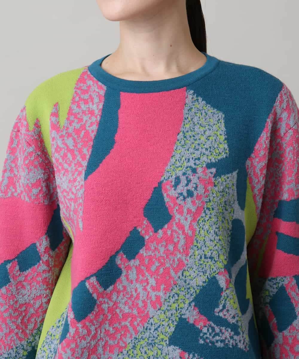 RHFAG13690 HIROKO KOSHINO(ヒロココシノ) カラーコラージュジャガードニットプルオーバー /日本製 グリーン