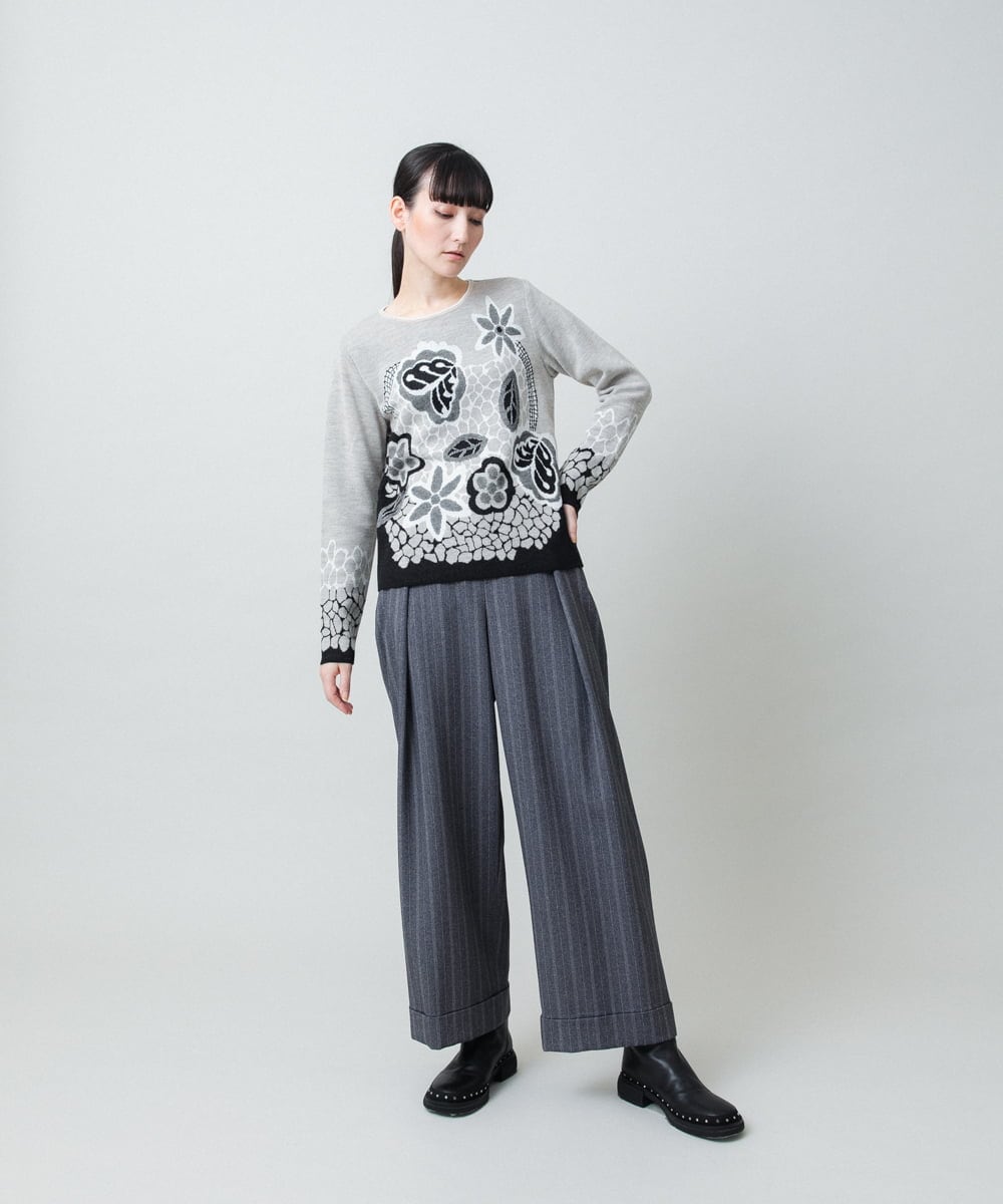 RHFED41630 HIROKO KOSHINO(ヒロココシノ) アートフラワージャカードニットプルオーバー/日本製 ベージュ