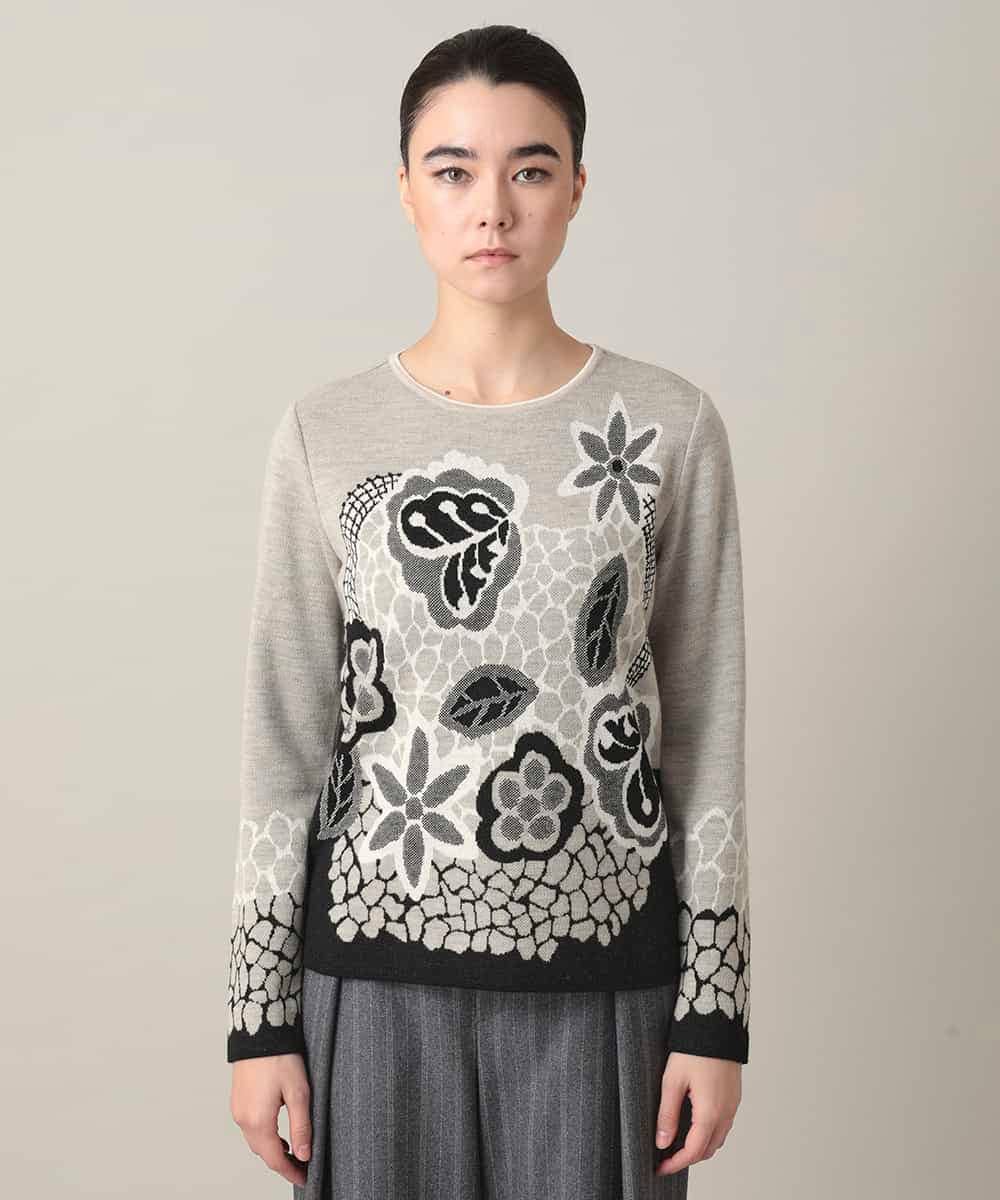 RHFED41630 HIROKO KOSHINO(ヒロココシノ) アートフラワージャカードニットプルオーバー/日本製 ベージュ